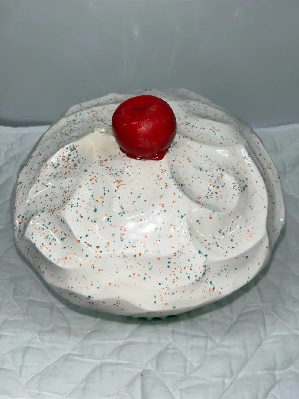 Vintage MCM Ceramic Cupcake Treat Jar - Green with White Frosting and Red Cherry